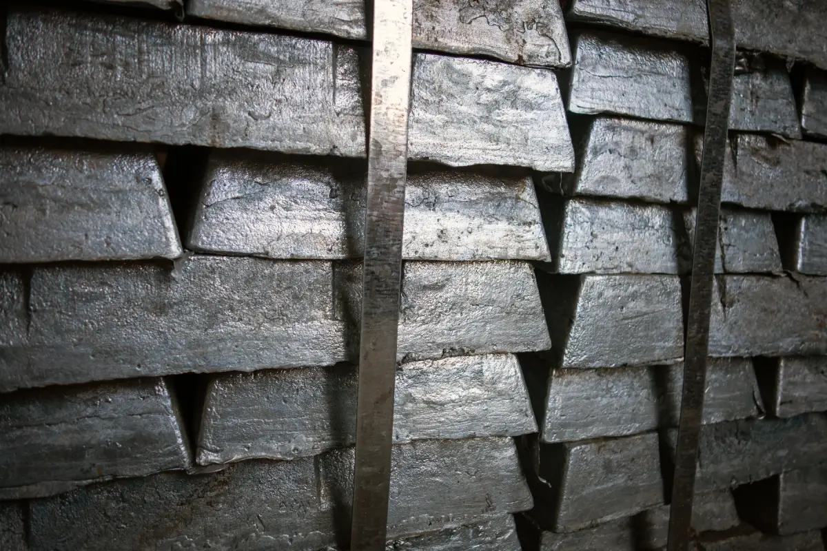 Stacked zinc ingots secured with steel strapping